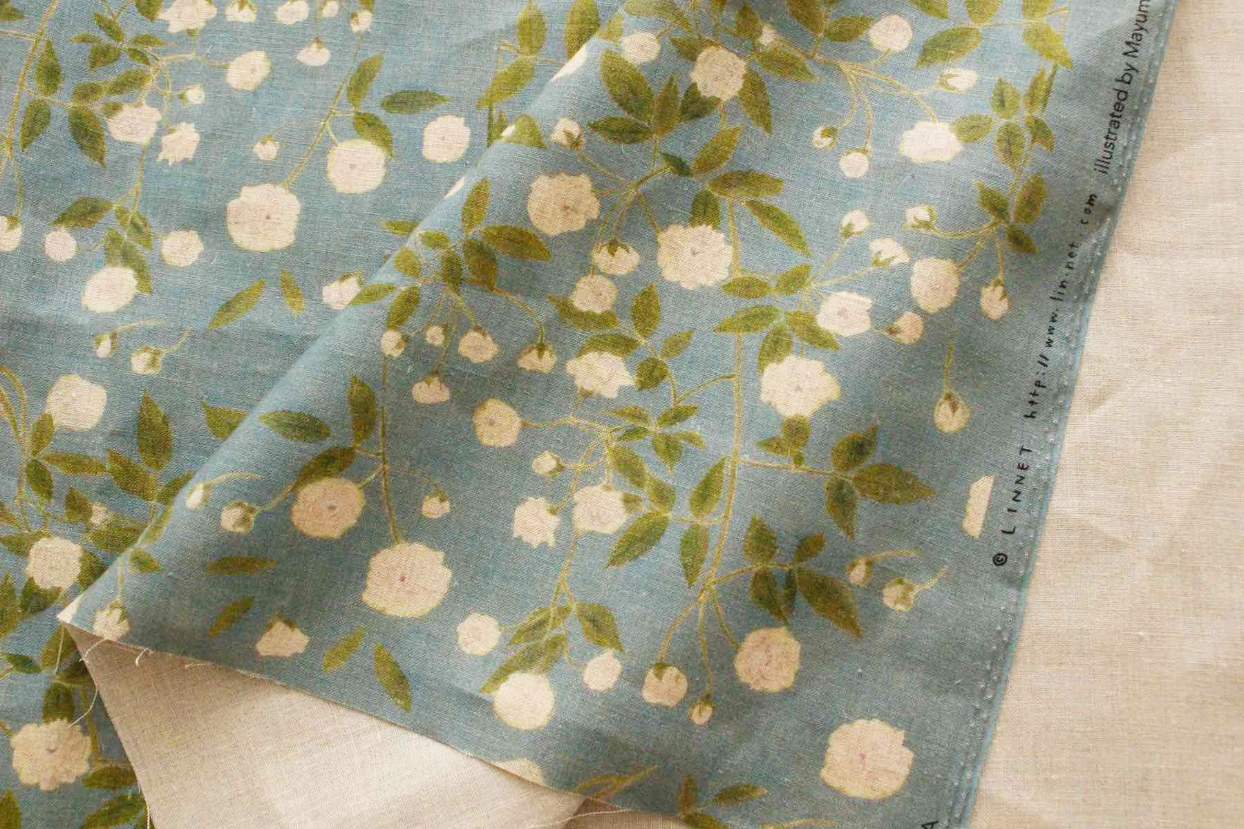 LINNET　リネンプリント　モッコウバラ<br />タ-コイズ